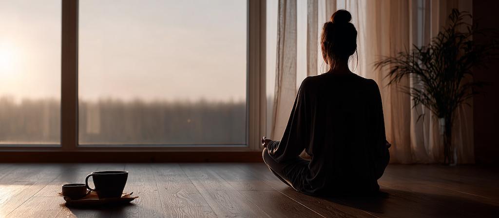 Silhouet van een persoon in rustige meditatiehouding bij zacht ochtendlicht