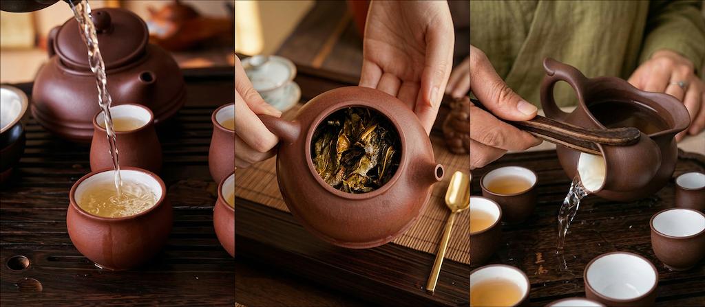 The first quick rinse of oolong or pu-erh is poured from the gaiwan or Yixing teapot into a fairness pitcher and then discarded into a waste bowl, after which the pot is refilled for the first infusion and the warm water from the tasting cups is poured into the waste bowl.