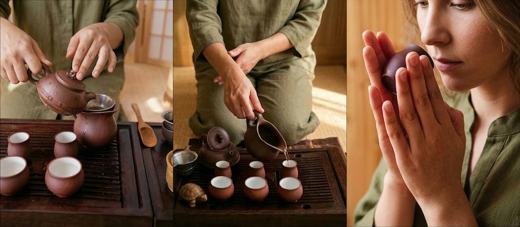 The brewed tea is fully poured from the gaiwan or Yixing teapot into a fairness pitcher, then evenly distributed among small tasting cups, after which the drinker first smells the aroma and then takes a small sip to evaluate the taste.