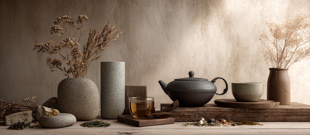 Stilleven met natuurlijke materialen, kruiden en thee dat de rust en balans van Ayurveda verbeeldt