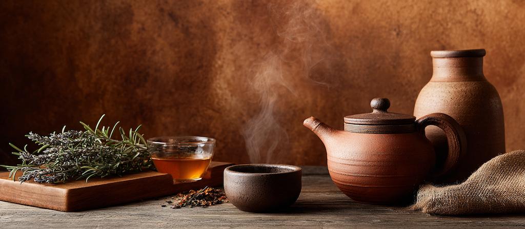 Warm stilleven met aardewerk, kruiden en dampende thee, geïnspireerd op de Pitta-energie