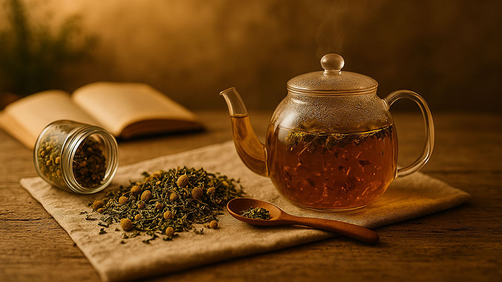 Botanical herbal tea in a glass teapot – steaming chamomile infusion, signature of Maison Tisane.