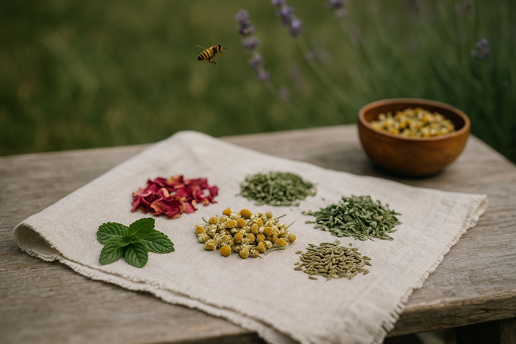 Fresh & dried herbs on linen cloth — mint, rose-petals, chamomile; sourcing for Maison Tisane blends.