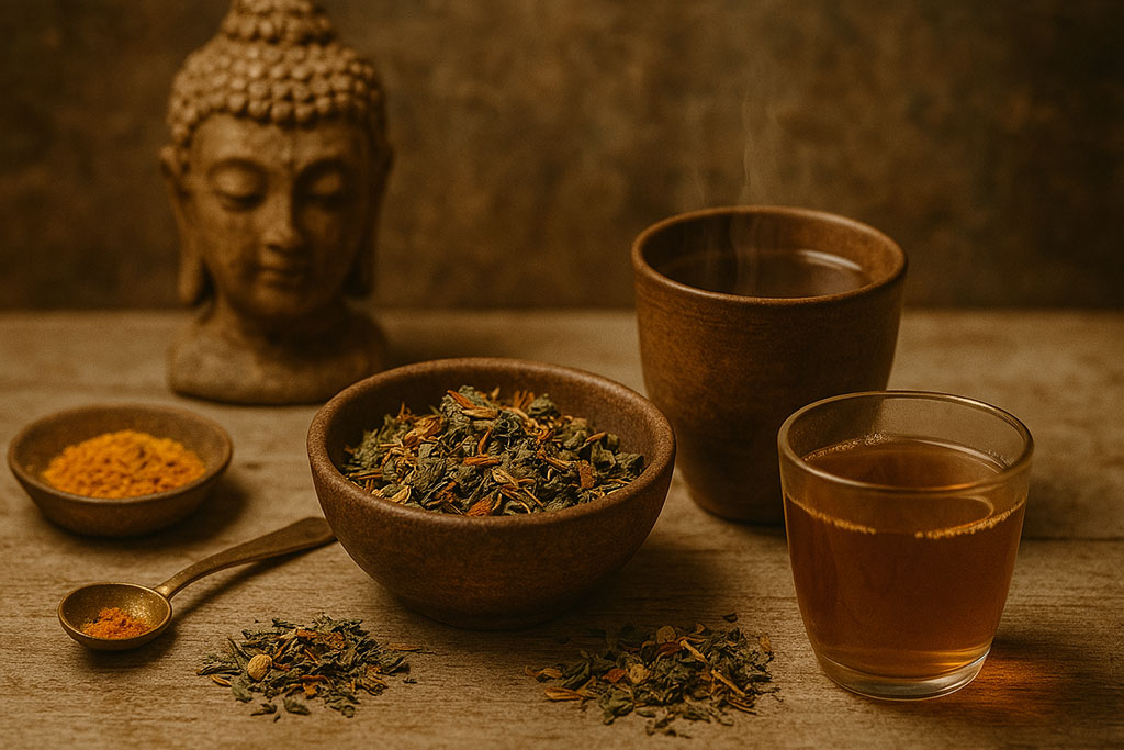 Earth-toned still life: herbal blend bowls and steaming cup, inspired by Eastern wisdom at Maison Tisane.